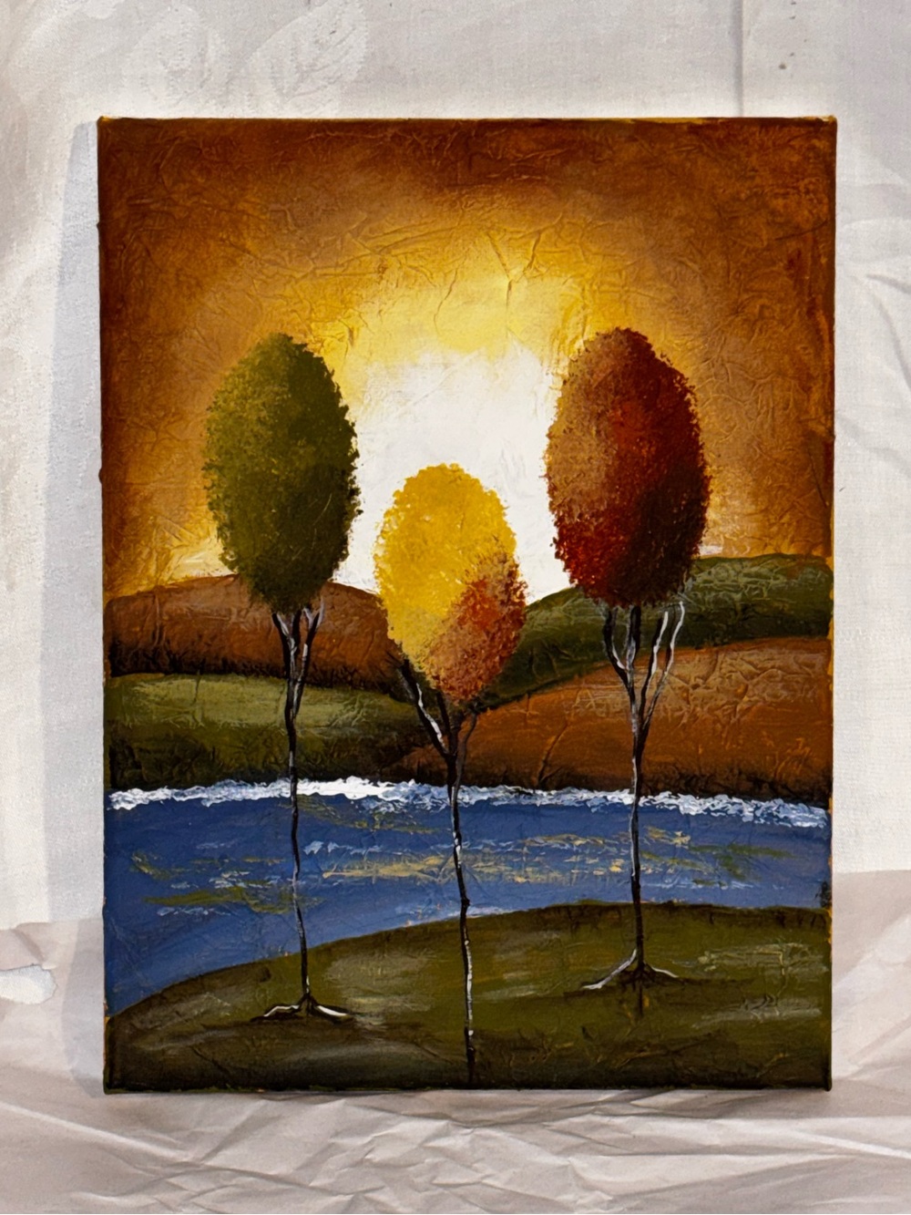 Original Textured Landscape Painting 12x9 Autumn Trees River Canvas Art